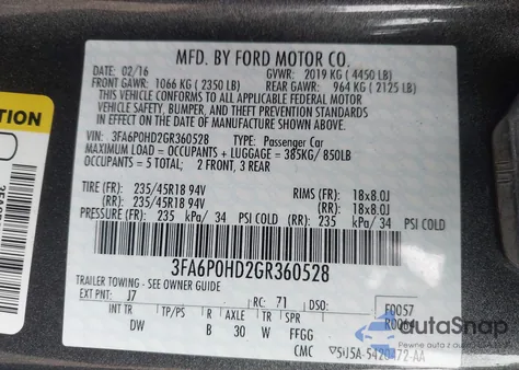 2016 Ford Fusion Se из США, поврежденный, VIN 3FA6P0HD2GR360528